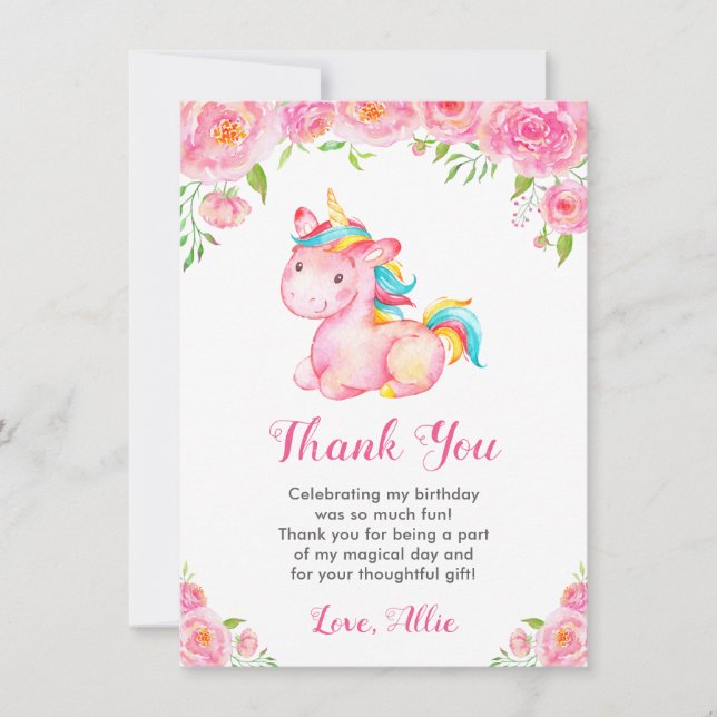 Cute Unicorn Rainbow Floral Girl Birthday Party Thank You Card (Front)