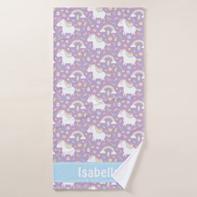 Cute Unicorn Rainbow Girls Purple Personalized Bath Towel (Bath Towel)