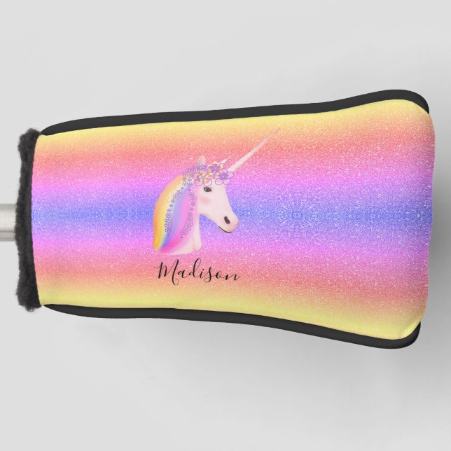 Cute Unicorn Rainbow Glitter Personalized Golf Head Cover (Front)