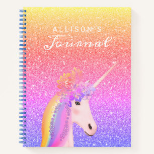 Cute Unicorn Rainbow Glitter Script Name Journal