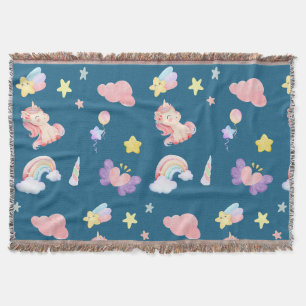 Cute Unicorn Rainbow heart balloon star pattern Throw Blanket