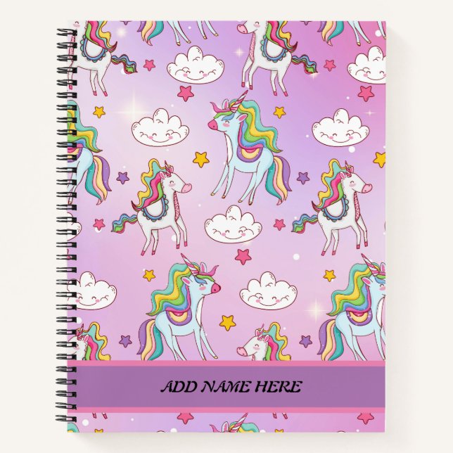 Cute Unicorn Rainbow Pattern Customizable Name  Notebook (Front)