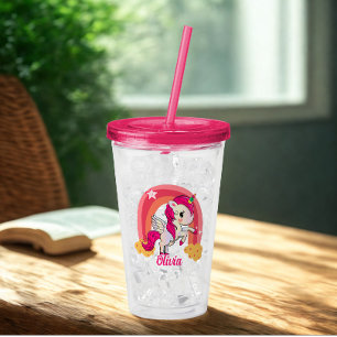 Cute Unicorn Rainbow Personalized Name Pink Colour Acrylic Tumbler