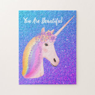 Cute Unicorn Rainbow Purple Blue Ombre Glitter Jigsaw Puzzle