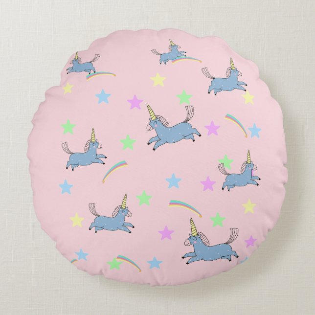 Cute Unicorn rainbow stars seamless pattern Round Pillow (Front)