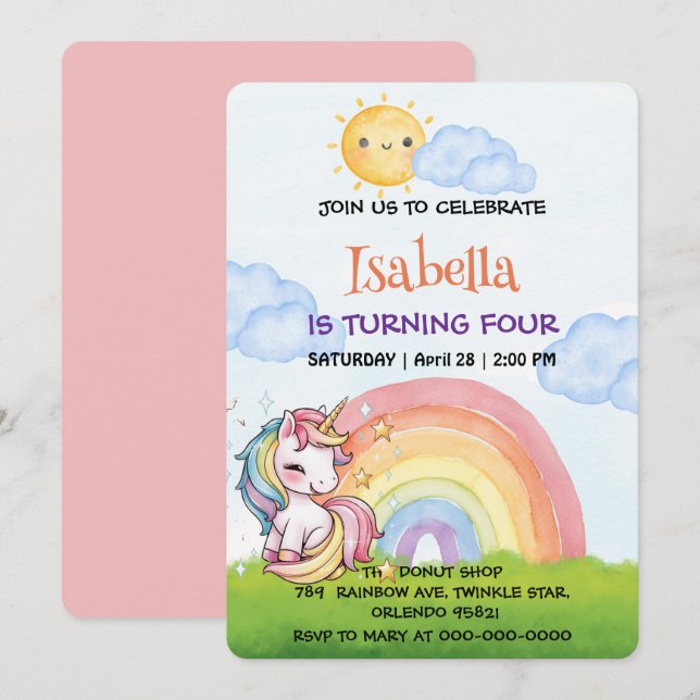 Cute unicorn rainbow sun sky Birthday Party Invitation (Front/Back)