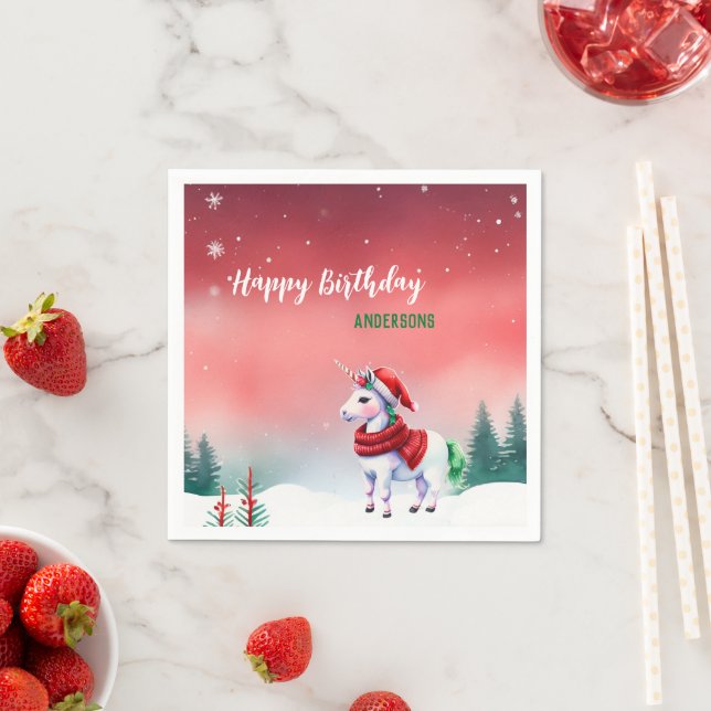 Cute unicorn Santa Christmas birthday snow party Napkin (Insitu)