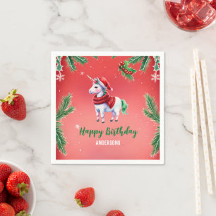 Cute unicorn Santa Christmas birthday snow party Napkin