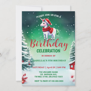 Cute unicorn Santa Christmas birthday snow party Save The Date