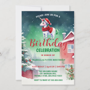 Cute unicorn Santa Christmas birthday snow party Save The Date