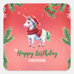 Cute unicorn Santa Christmas birthday snow party Square Sticker