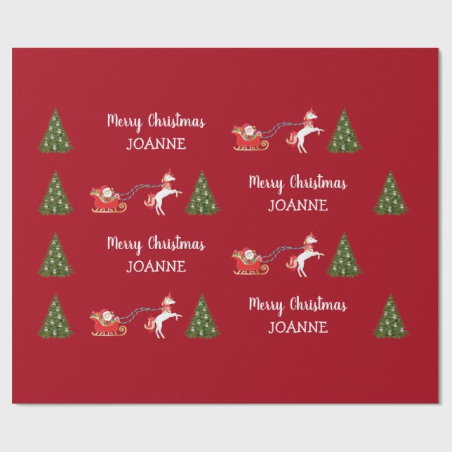 Cute Unicorn Santa Personalized Name Christmas Wrapping Paper (Flat)