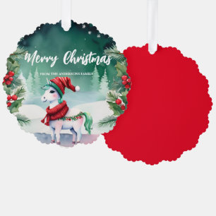 Cute unicorn Santa Xmas Holiday Party Family Ornament Card
