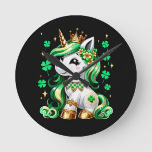 Cute Unicorn Shamrock St Patricks Day  Round Clock