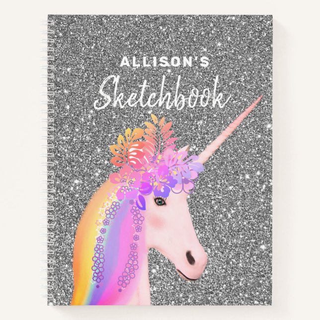 Cute Unicorn Silver Glitter Sketchbook With Name Notebook (Front)