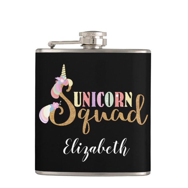 Cute Unicorn Squad Gold Glitter Fairy Hip Flask (Front)