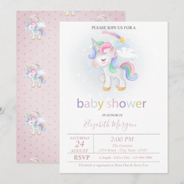 Cute Unicorn Star Rainbow Baby Shower Invitation (Front/Back)