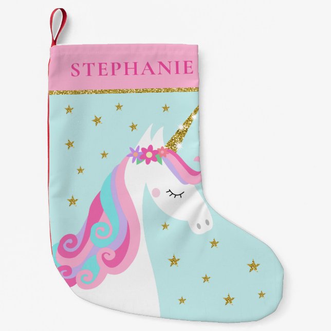 Cute Unicorn Stars Glitter Aqua Small Christmas Stocking (Front)