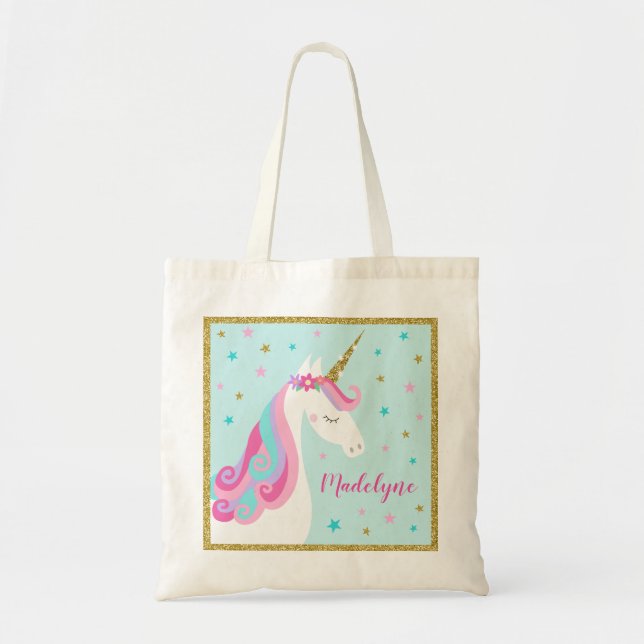 Cute Unicorn Stars Glitter Aqua Tote Bag (Front)