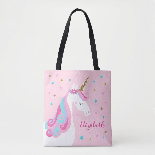 Cute Unicorn Stars Glitter Pink Tote Bag (Front)