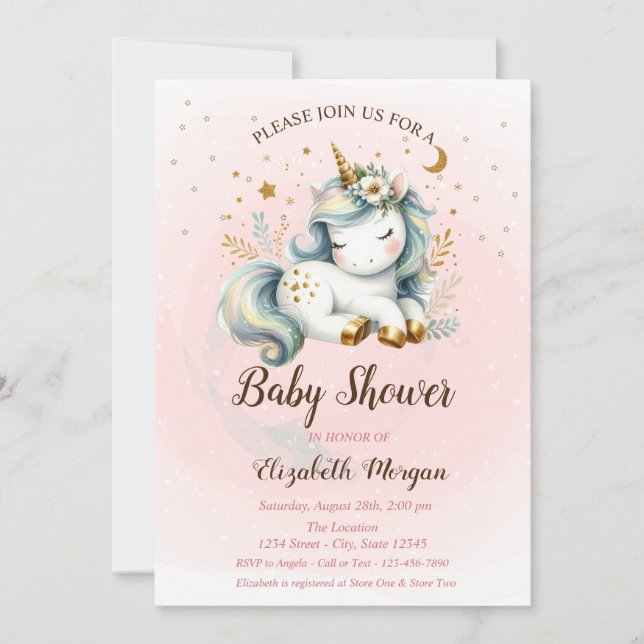 Cute Unicorn Stars Moon Baby shower Invitation (Devant)