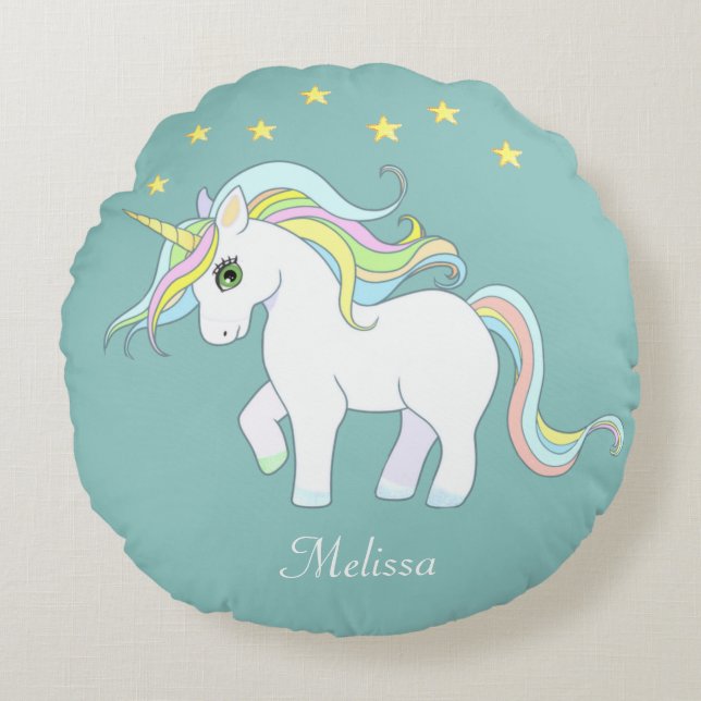  Cute Unicorn & Stars on Light Teal Round Pillow (Front)