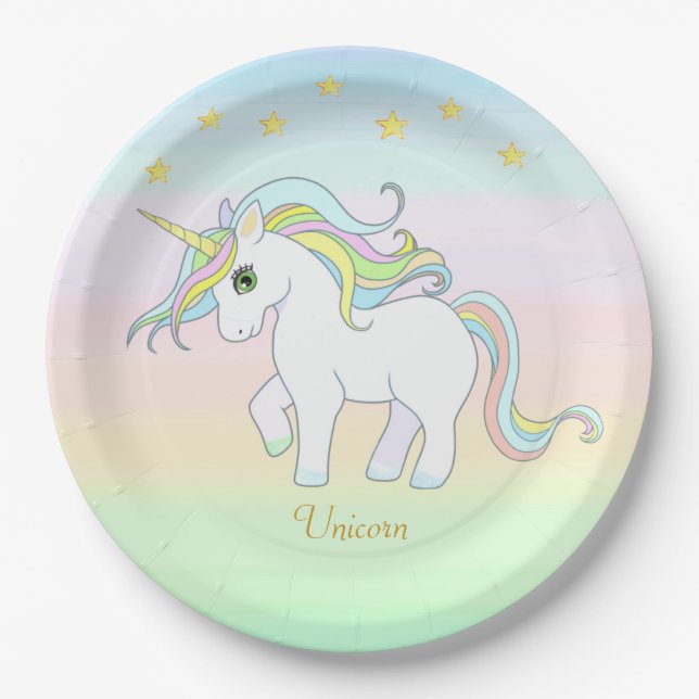  Cute Unicorn & Stars on Pastel Colours Paper Plate (Front)