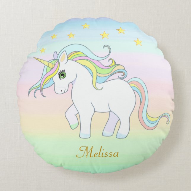  Cute Unicorn & Stars on Pastel Colours Round Pillow (Front)