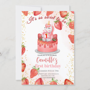 Cute Unicorn strawberry cake birthday Invitation