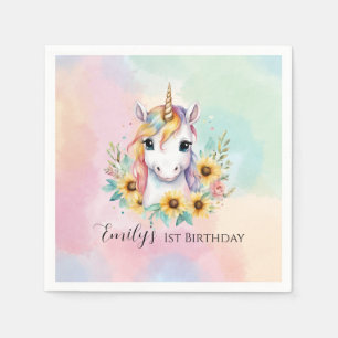 Cute Unicorn Sunflower 1st Birthday  Napkin
