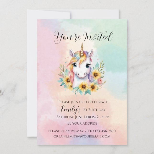 Cute Unicorn Sunflower Simple 1st Birthday Invitation (Front)