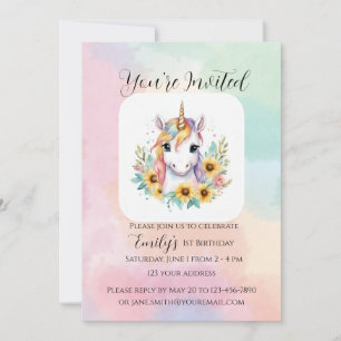 Cute Unicorn Sunflower Simple 1st Birthday Invitation