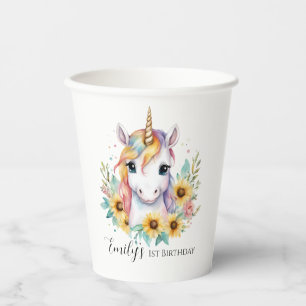 Cute Unicorn Sunflowers 1st Birthday Paper Cups