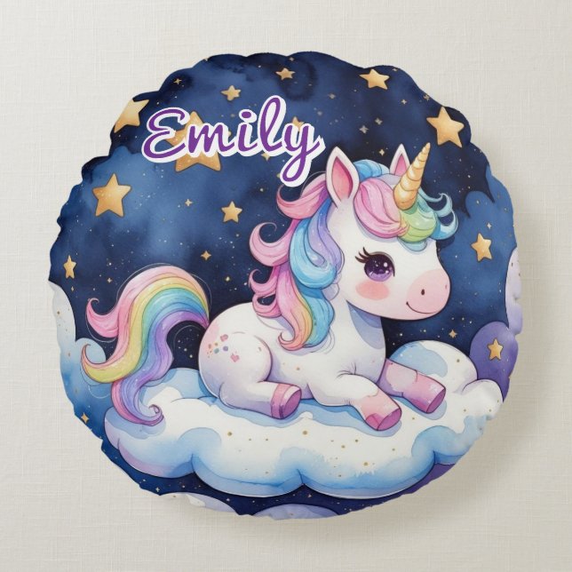 Cute Unicorn sur Cloud Editable Nom Coussin rond (Devant)