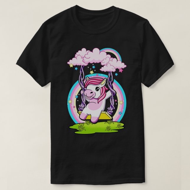 Cute Unicorn Swinging On Cloud Swing T-Shirt (Design Front)
