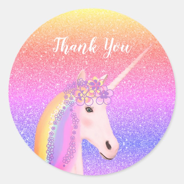 Cute Unicorn Thank You Birthday Party Classic Round Sticker (Front)
