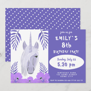 Cute Unicorn Tropical Flowers Girl Birthday Invitation