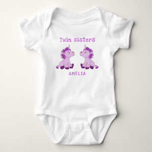 Cute Unicorn Twin Sisters Baby Bodysuit with Name