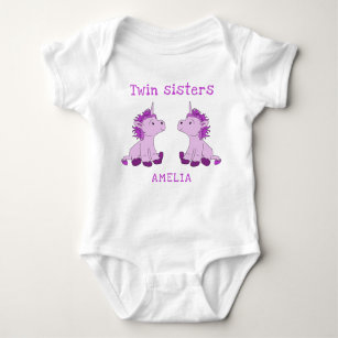 Cute Unicorn Twin Sisters Baby Bodysuit with Name