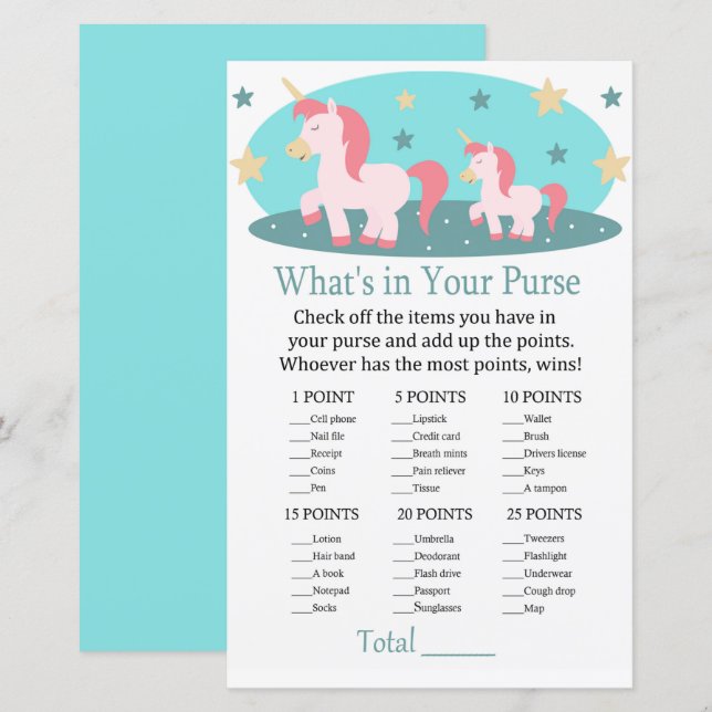 Cute Unicorn What's in your purse game baby shower (Front/Back)
