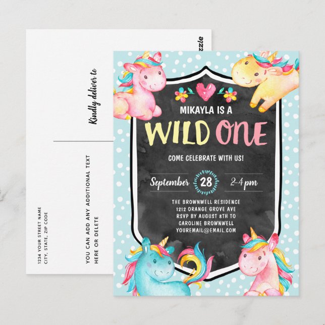 Cute Unicorn Wild One 1st Birthday Party Postcard (Front/Back)