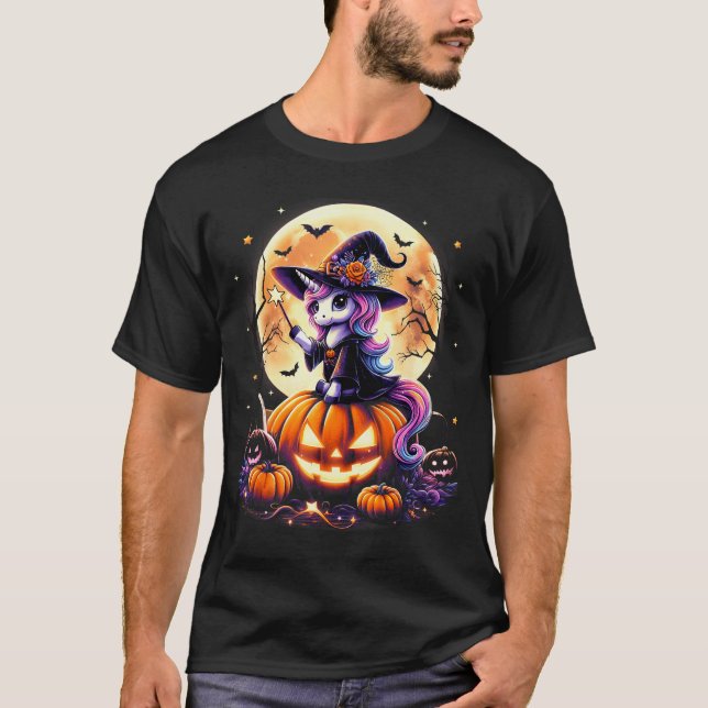Cute Unicorn Witch Pumpkin Halloween Shirts Girls  (Front)