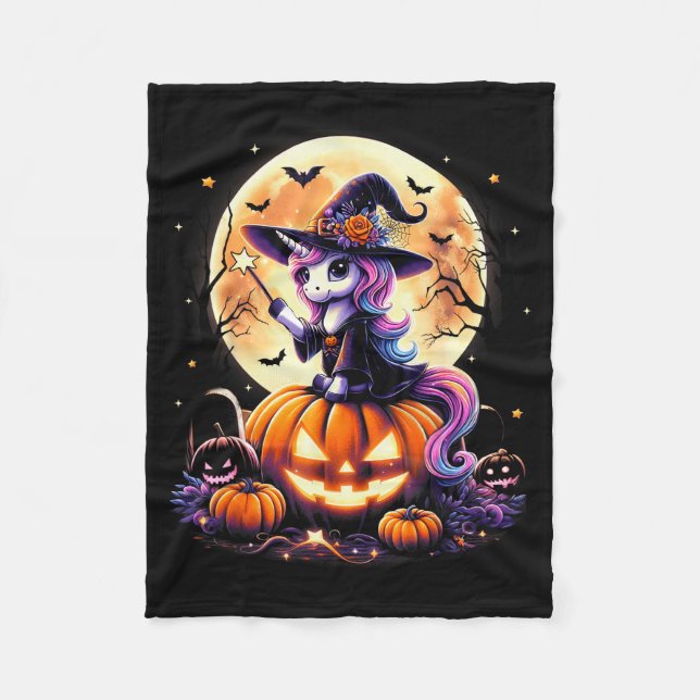 Cute Unicorn Witch Pumpkin Halloween Shirts Girls  Fleece Blanket (Front)