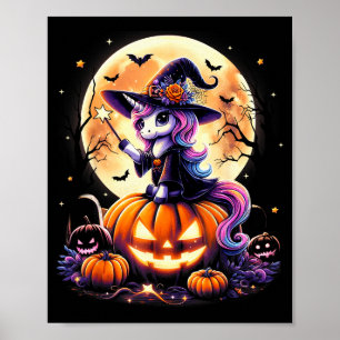 Cute Unicorn Witch Pumpkin Halloween Shirts Girls  Poster