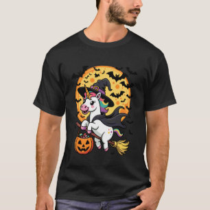 Cute Unicorn Witch Riding Broom Halloween Pumpkin T-Shirt