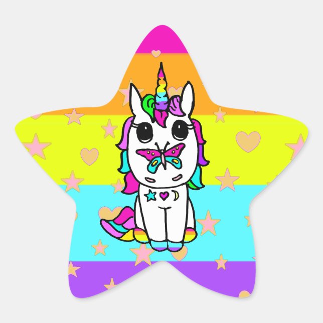 Cute Unicorn with Butterfly Stars and Hearts Star Sticker (Front)