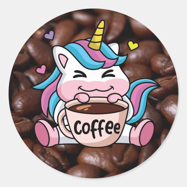 Cute Unicorn with Coffee Classic Round Sticker (Front)
