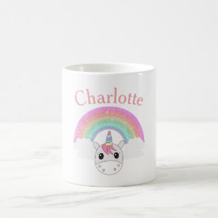 Cute Unicorn with Glitter Rainbow and Custom Name Coffee Mug
