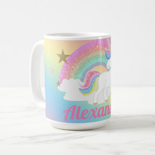 Cute Unicorn with Glitter Rainbow and Custom Name Coffee Mug