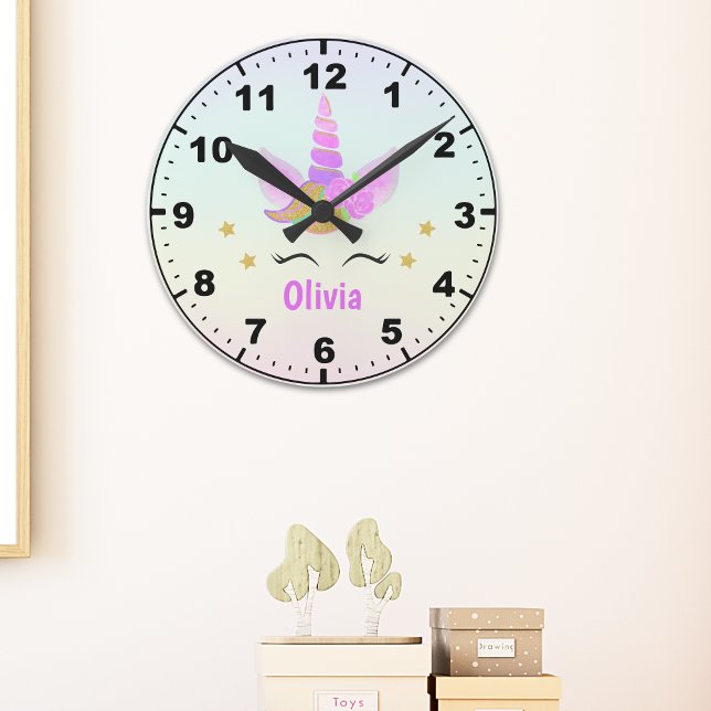 Cute Unicorn with Magic Rainbow Room Girl  Round Clock (Creator Uploaded)